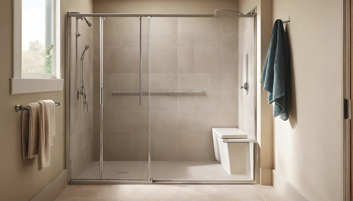 Homeowner stepping easily into a bright walk-in shower with grab bar in a Antioch home