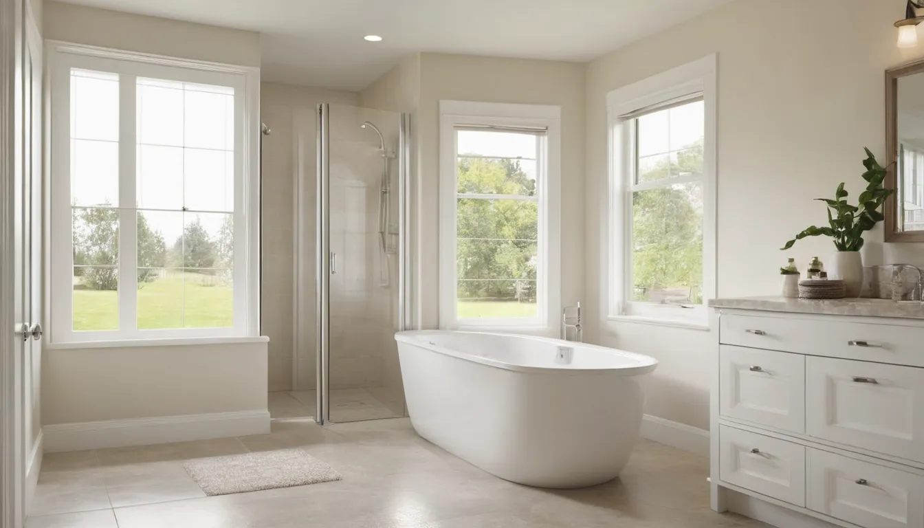 A friendly homeowner smiling beside a walk-in tub in a bright bathroom in Antioch